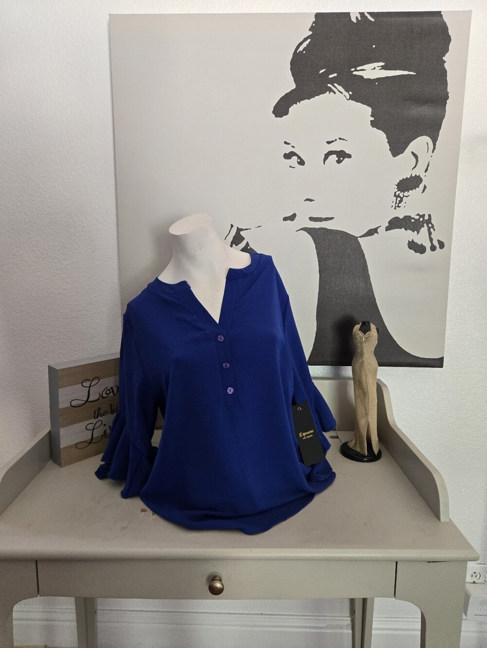 NWT Women's Espresso Royal Blue Button V-Neck Blouse Size XL